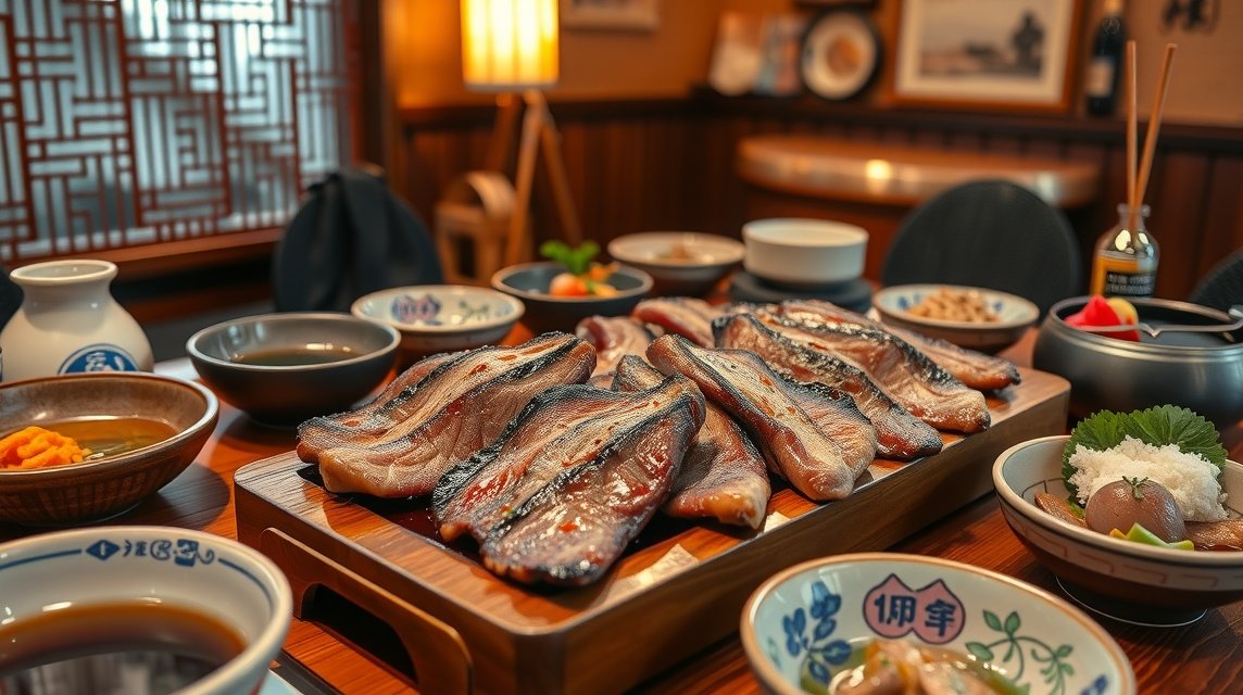 Grillezett marhanyelv és különböző japán ételek Sendai étteremben