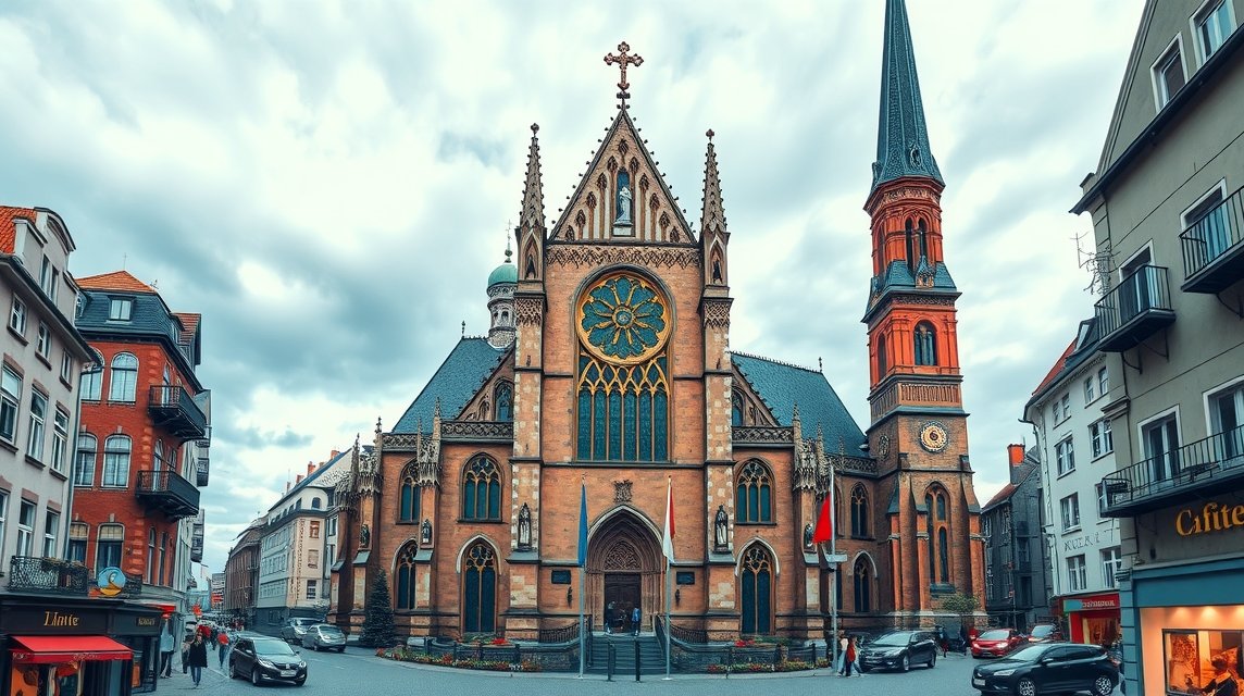 A Szent Miklós-templom panorámás képe Rostock városában.
