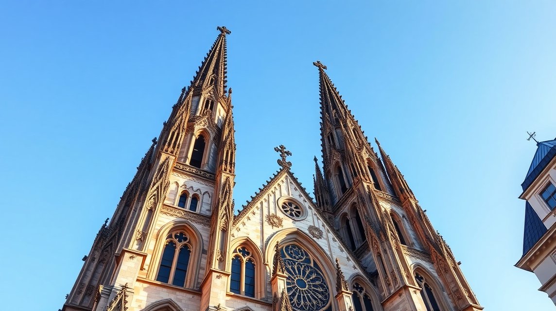 A Szent Péter-dóm gótikus tornyai Regensburgban, kék háttérrel.