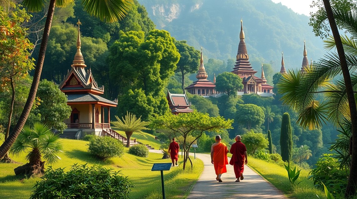Szerzetesek sétálnak a gyönyörű thai tájon Chiang Mai közelében.