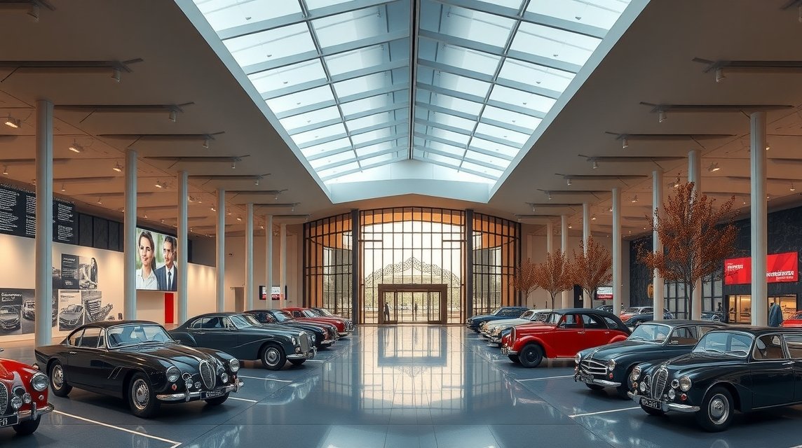 A Torinói Nemzeti Autómúzeum modern kiállítóterének belső nézete, klasszikus autók sorakoznak.