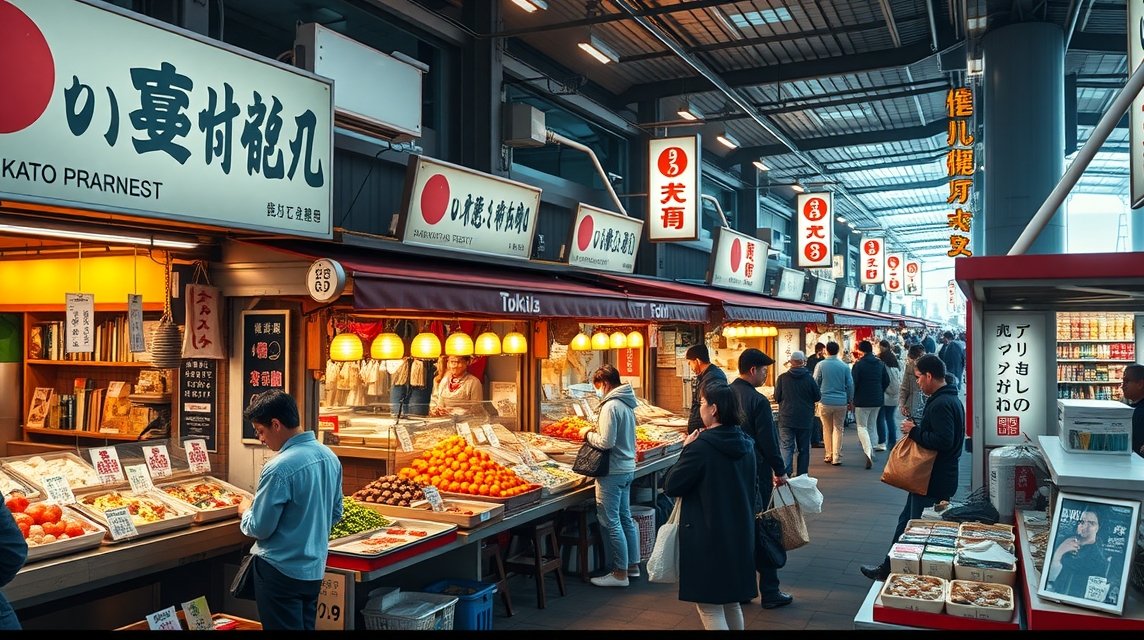 Tsukiji külső piac friss ételekkel és helyi ízekkel Tokióban