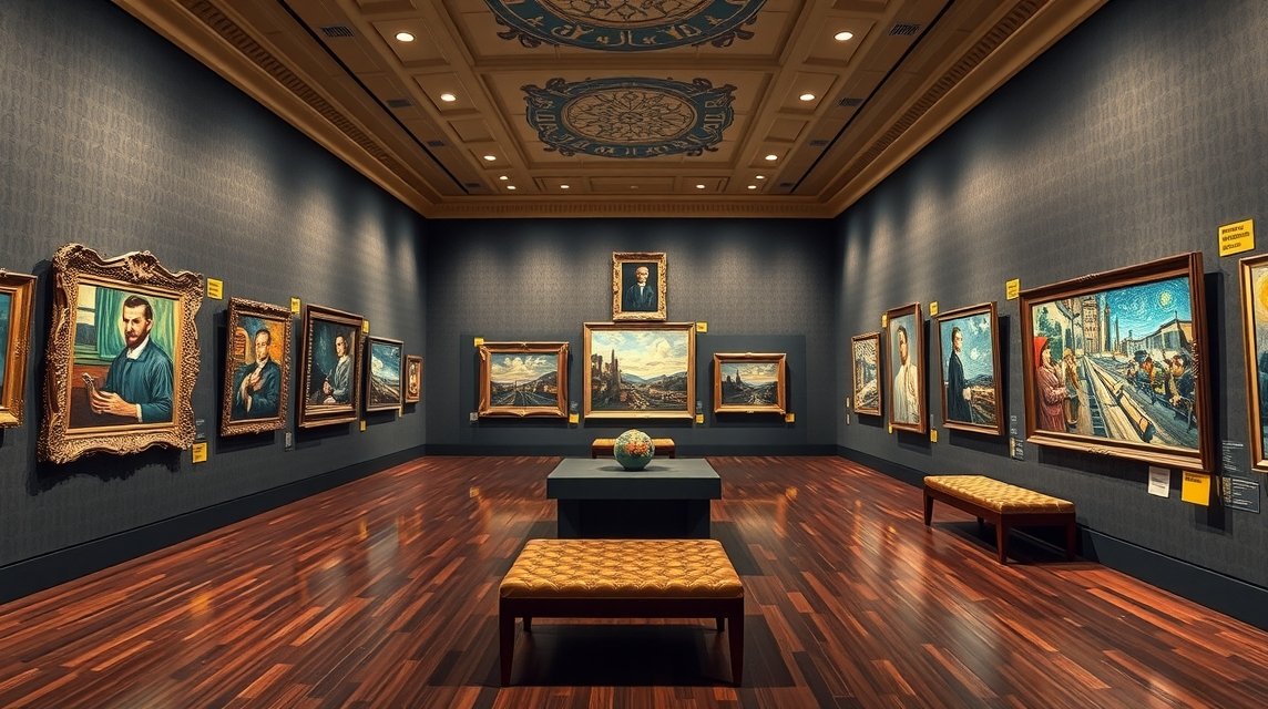 A Van Gogh Múzeum kiállítása Amszterdamban, festményekkel és művészetekkel.