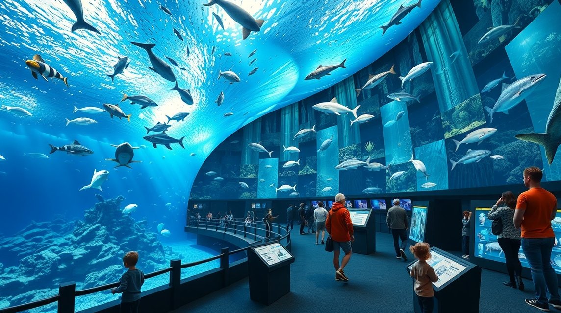 Látogatók a Vancouveri Akváriumban, különböző tengeri élőlényekkel.