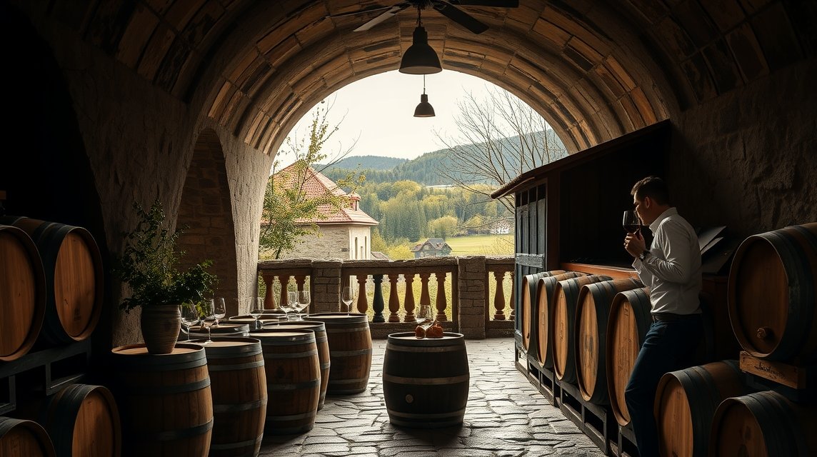 Pincetúra a Villányi borvidéken, gyönyörű tájjal és boroshordókkal.