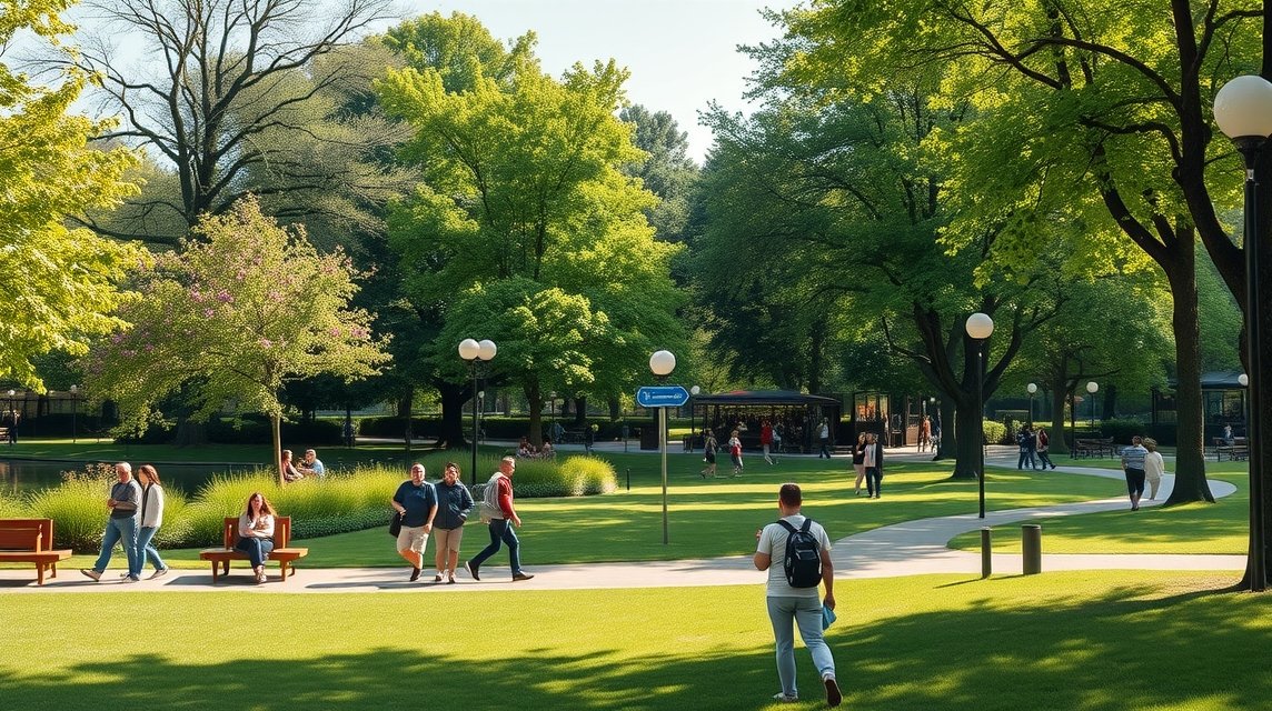 A Vondelpark zöld oázisa Amszterdamban sétáló emberekkel.