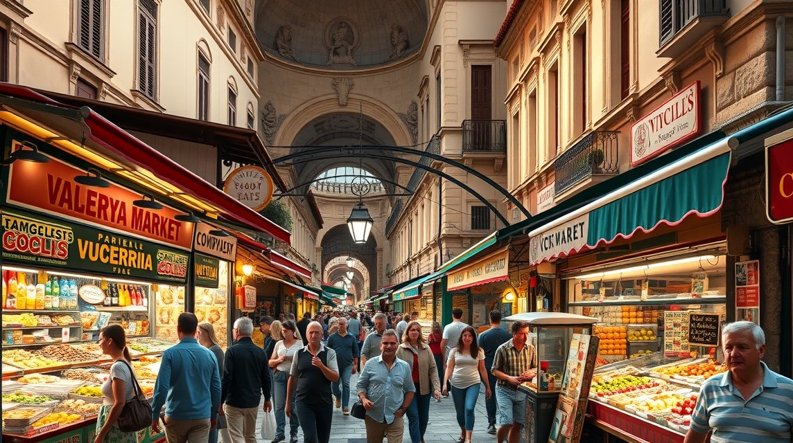 Palermo látnivalók - A Vucciria piac hangulata 1 A Vucciria piac zöldségekkel és élelmiszerekkel teli utcája Palermóban.