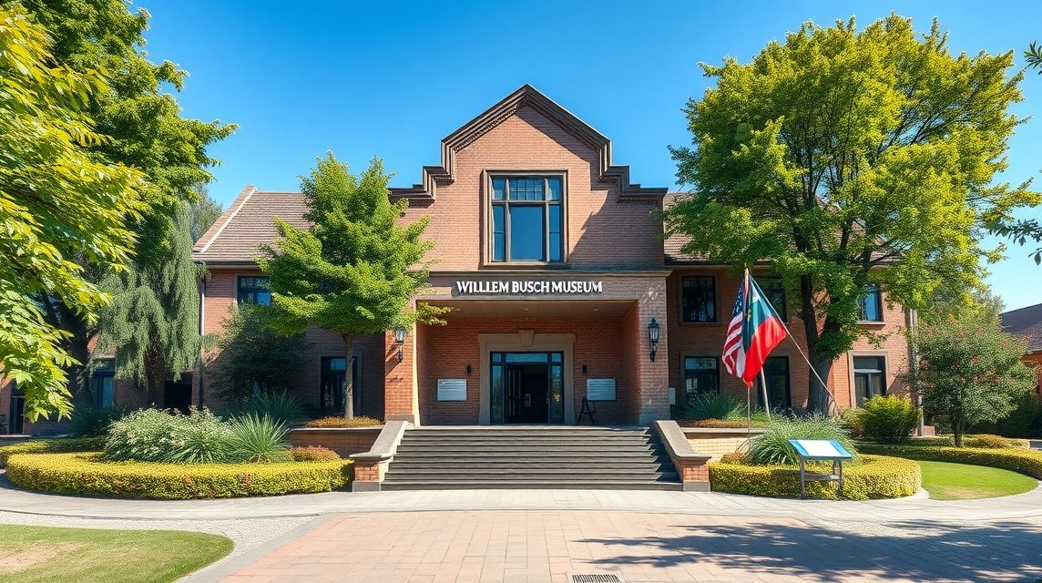 Hannover látnivalók - Wilhelm Busch Múzeum (Karikatúra Múzeum) 1 Wilhelm Busch Múzeum bejárata Hannoverben, zöld növényzet környezetében.