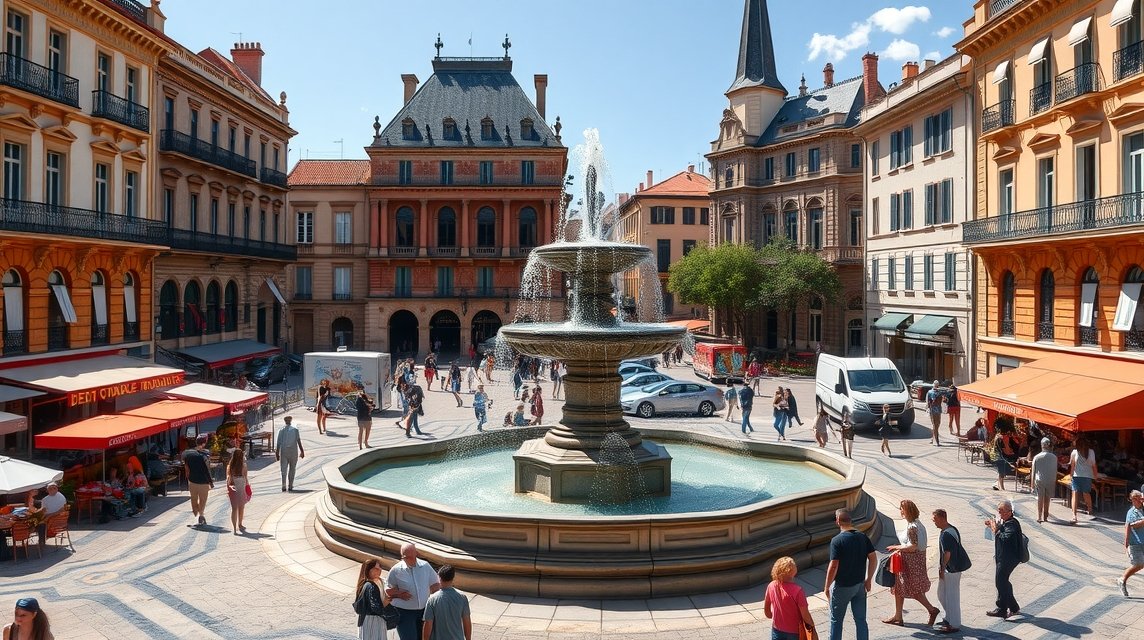A Wilson tér szökőkútja Toulouse-ban, emberekkel és kávézókkal körülvéve.