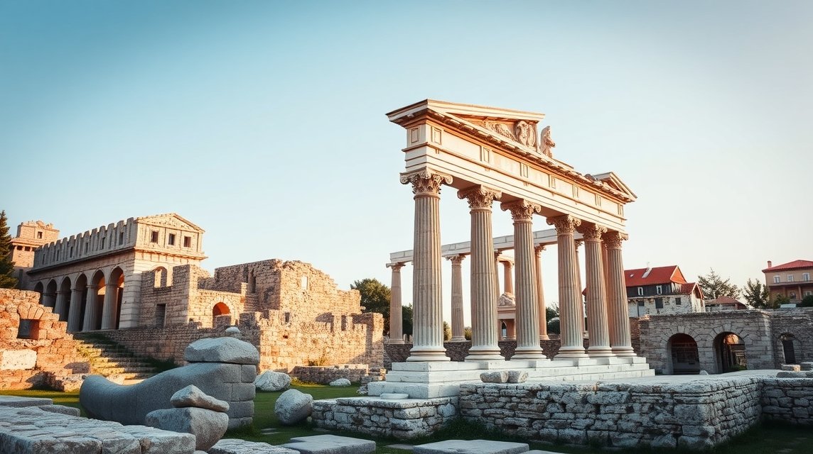 Zára Római Fórum romjainak oszlopai és régi épületek