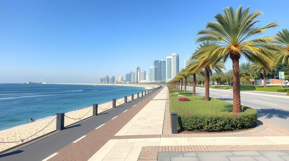 Abu Dhabi Corniche tengerparti sétány, gyönyörű városi panorámával