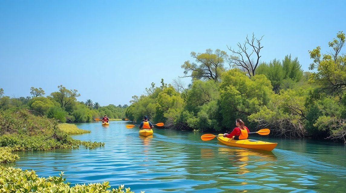 Kajakozás a Mangrove Nemzeti Parkban, Abu Dhabi nyugodt vízén.