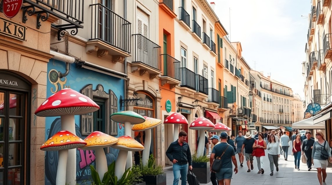 A Gomba utca (Calle de las Setas) Alicante színes házakkal és gombákkal díszített sétánya.
