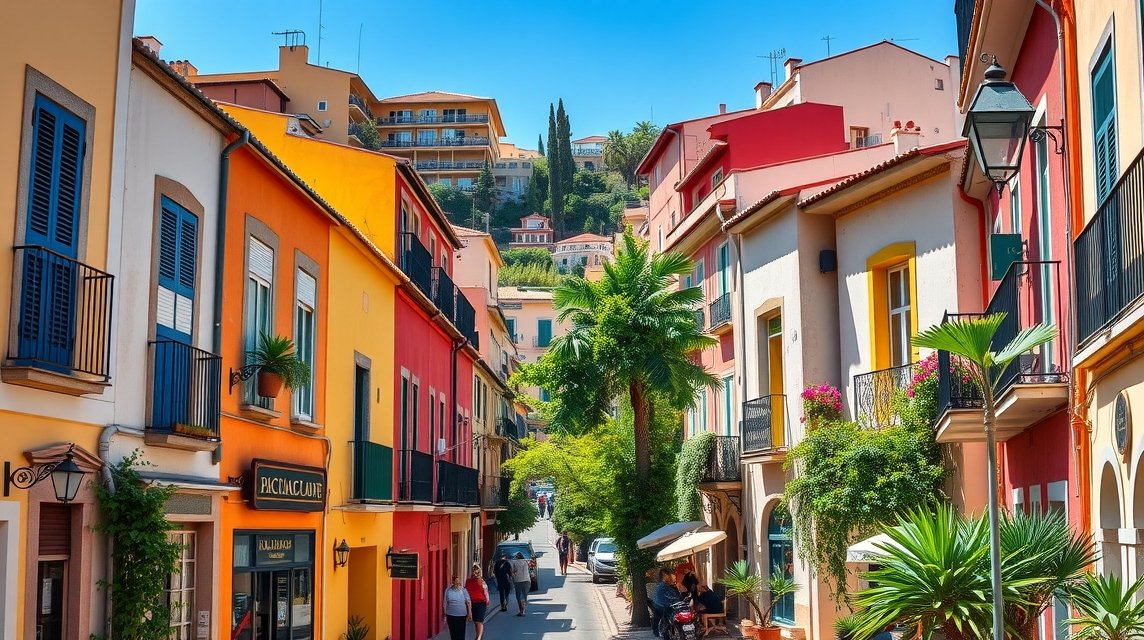 A Santa Cruz negyed színes utcái Alicante-ban, Spanyolországban.