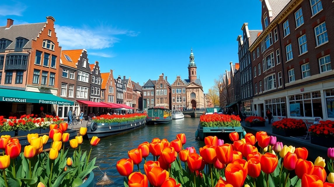 Színes tulipánok a Bloemenmarkt úszó virágpiacon Amszterdamban