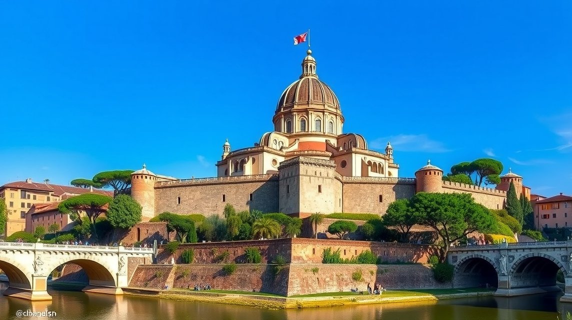 Angyalvár látképe a Tiberis partján, Róma, Olaszország