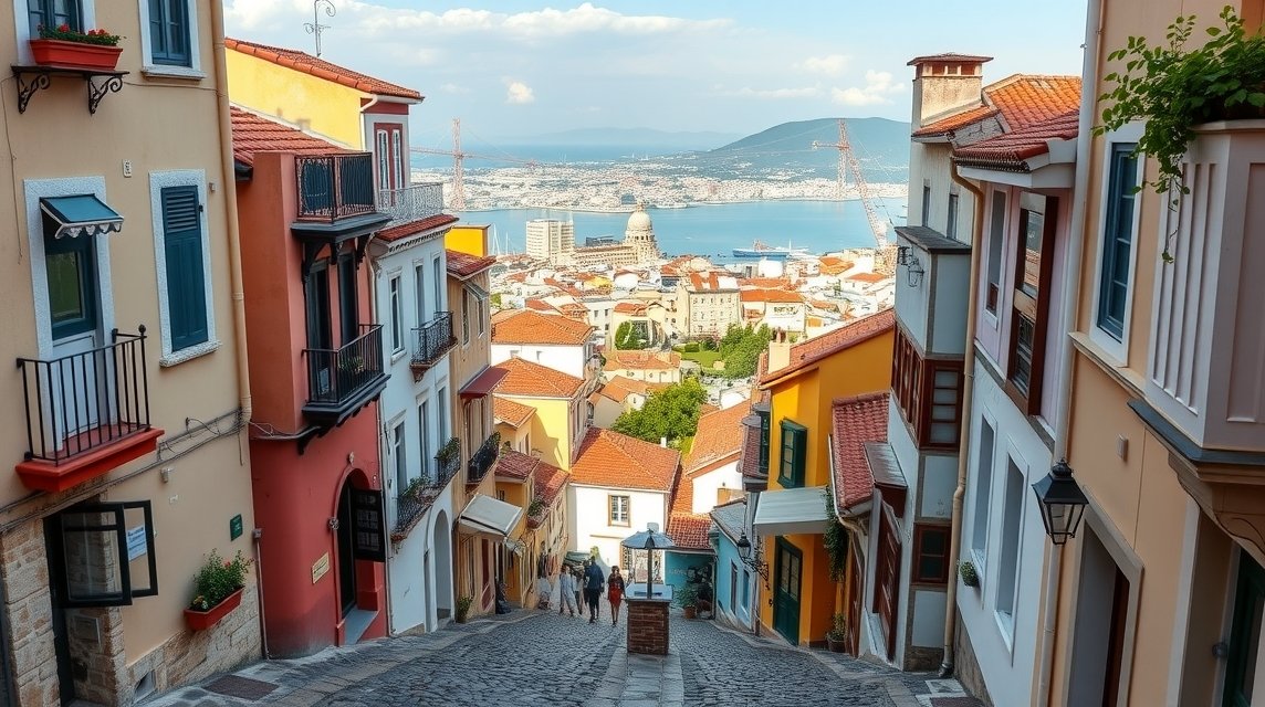 Szűk macskaköves utca Ano Poli, Thesszaloniki városában, gyönyörű kilátással.