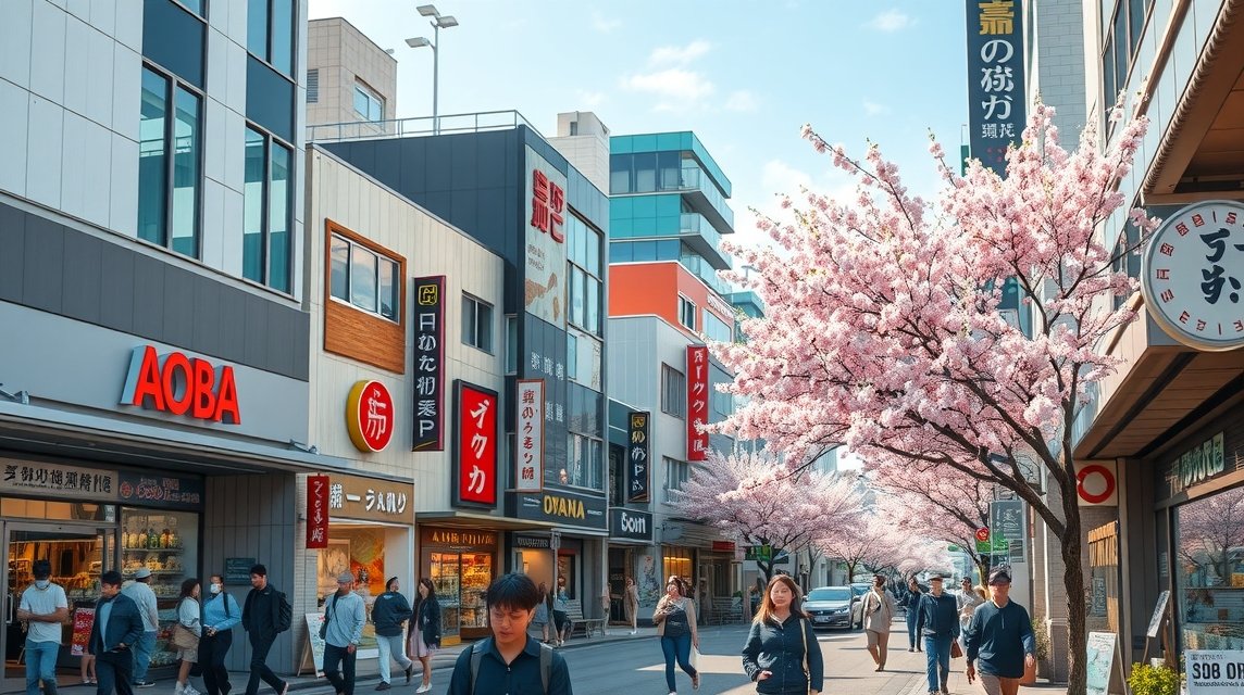 Aoba-dori bevásárlóutca virágzó cseresznye fákkal Sendai városában.
