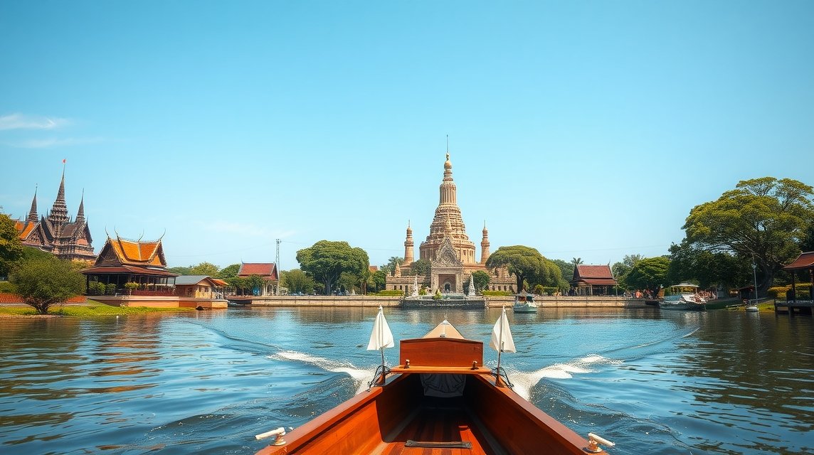 Hajókázás Ayutthaya szigete körül, lenyűgöző templomokkal.