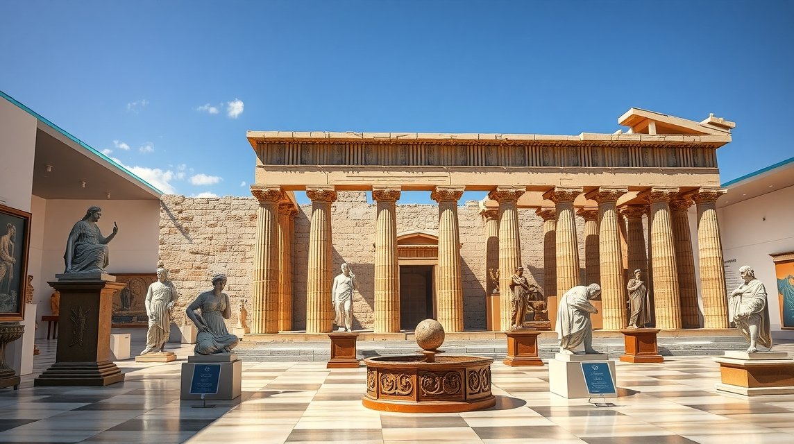 Athén Akropolisz Múzeumának belső látképe szobrokkal és oszlopokkal.