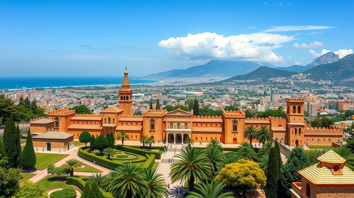 Málaga városának panorámája az Alcazaba mór erődítménnyel és a tengerrel.