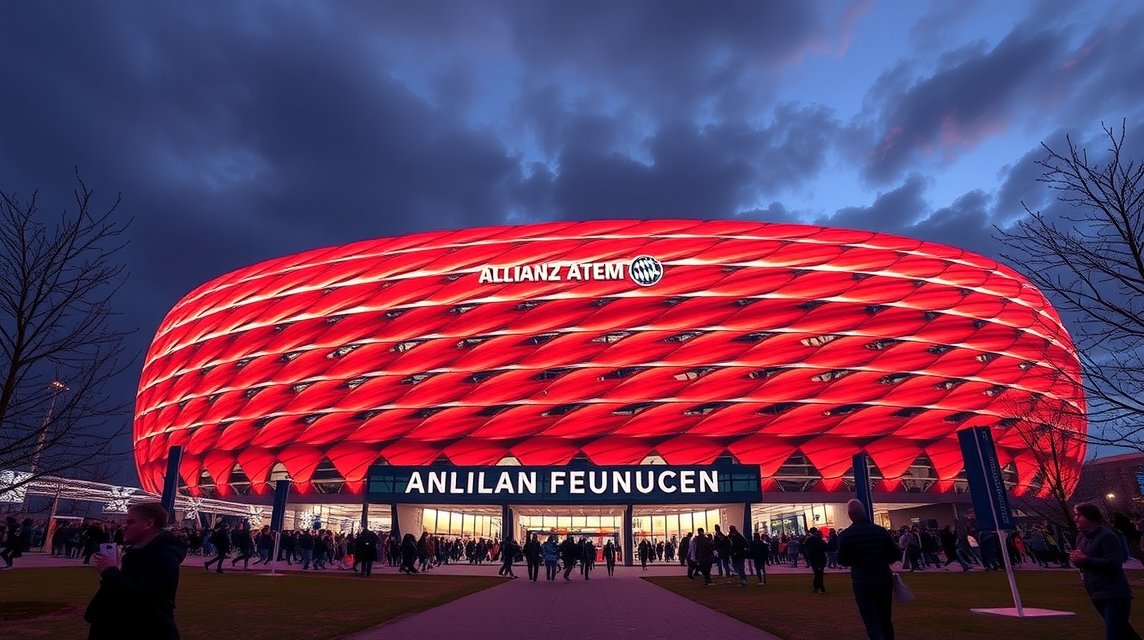 München látnivalók - Allianz Arena, a Bayern München otthona 1 Az Allianz Arena, a Bayern München stadionja éjszaka piros fénnyel világítva.