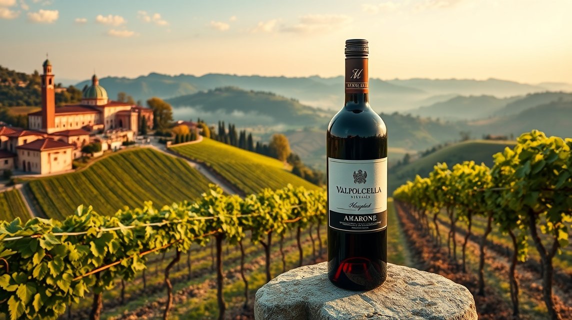 Amarone bor a Valpolicella borvidéken, Verona tájképe háttérben.