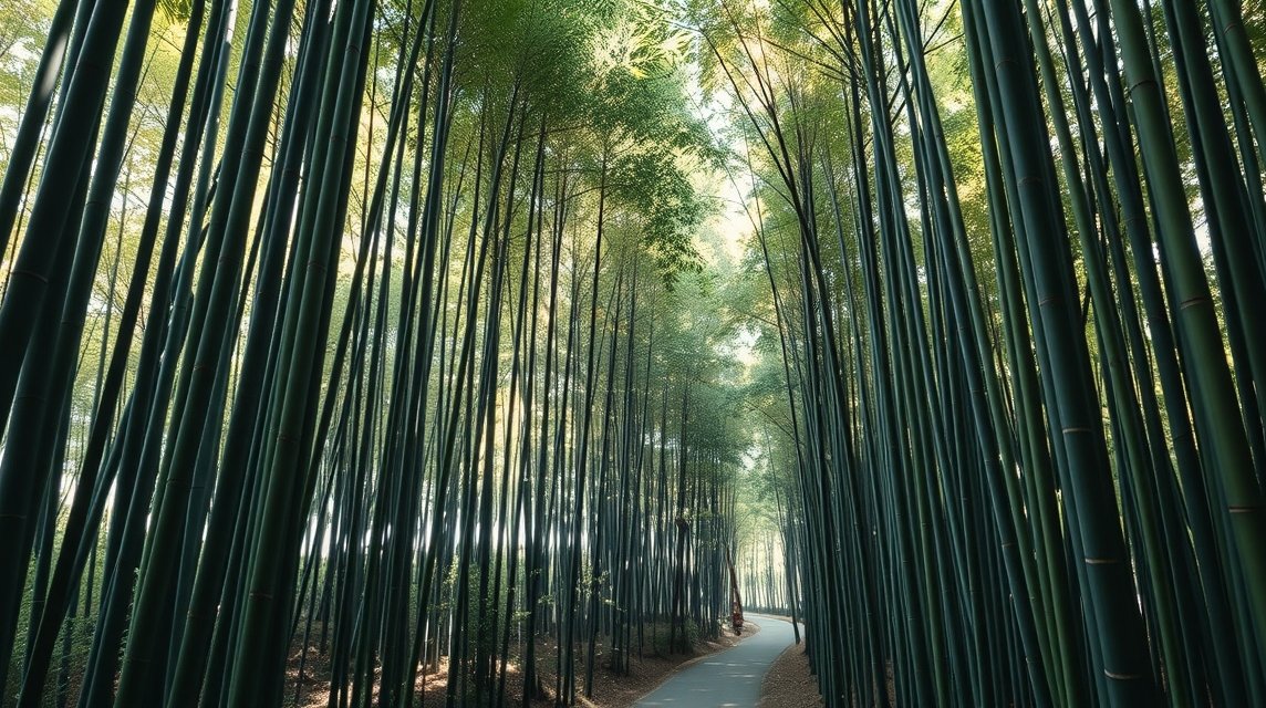 Kiotó látnivalók - Az Arashiyama bambuszerdő 1 Arashiyama bambuszerdő Kiotóban, zöld bambusz oszlopok között sétálva