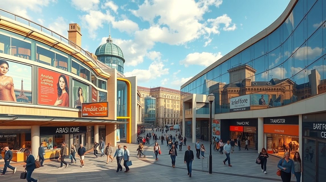 Arndale bevásárlóközpont Manchester belvárosában, látogatók tömegekkel.