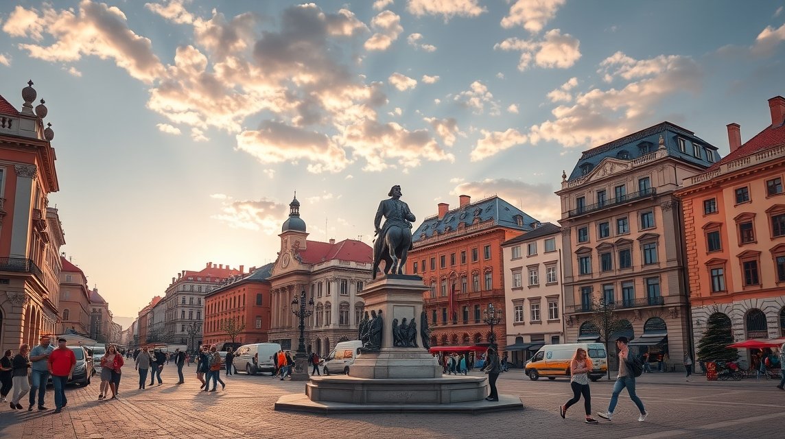Egyesülés tere Jászvásáron, impozáns épületekkel és városi élettel.