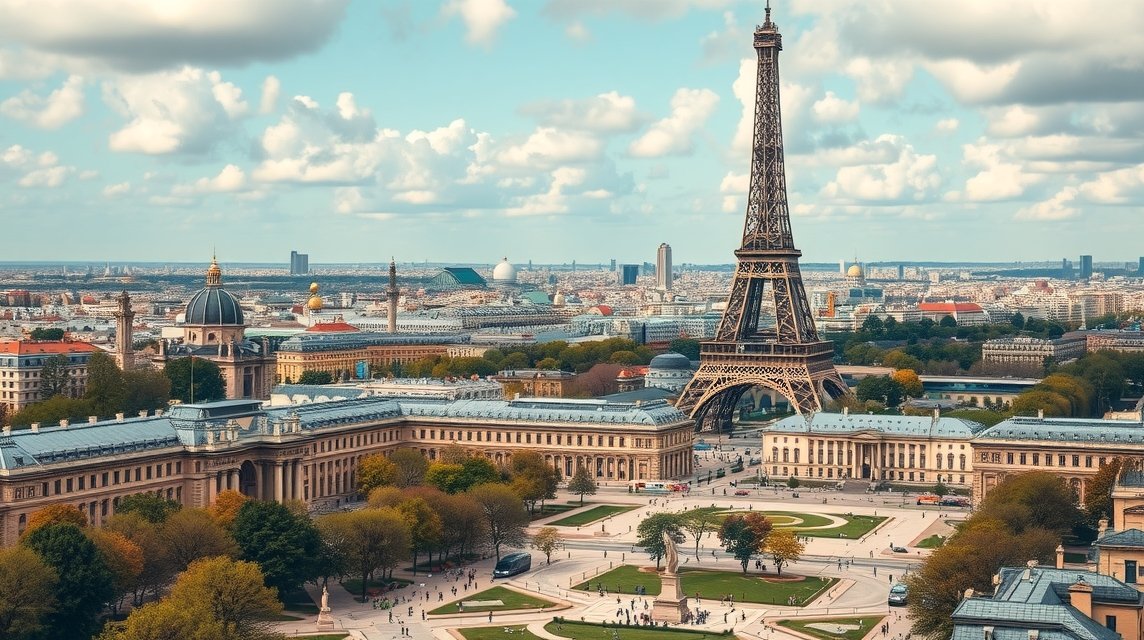 Eiffel-torony panorámája és az Invalidusok környéke Párizsban