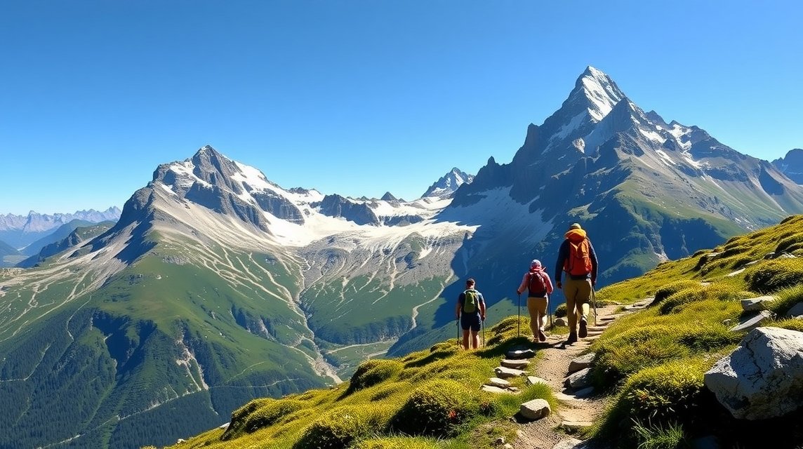 Hikers on the Eiger Trail in Grindelwald with stunning mountain views