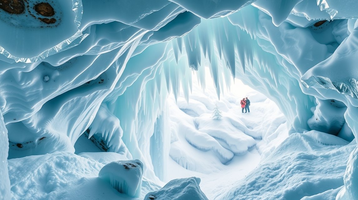 Az Eisriesenwelt jégbarlang gyönyörű belső része, látogatók a jégcsapok között.