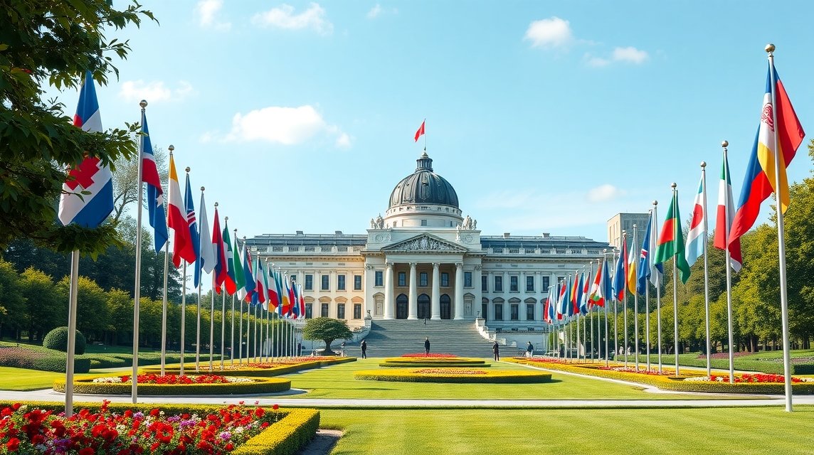 Az ENSZ Palota belépője Genfben, nemzetközi zászlók között.