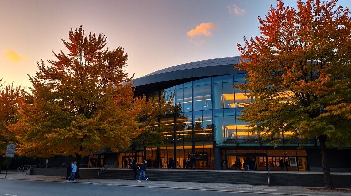 Essen látnivalók - Az Esseni Filharmónia 1 Az Esseni Filharmónia épülete őszi levelekkel körülvéve.