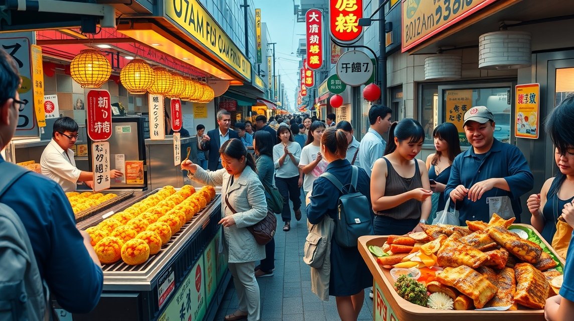 Oszaka utcai étkezés, Takoyaki és Okonomiyaki látványosságok.