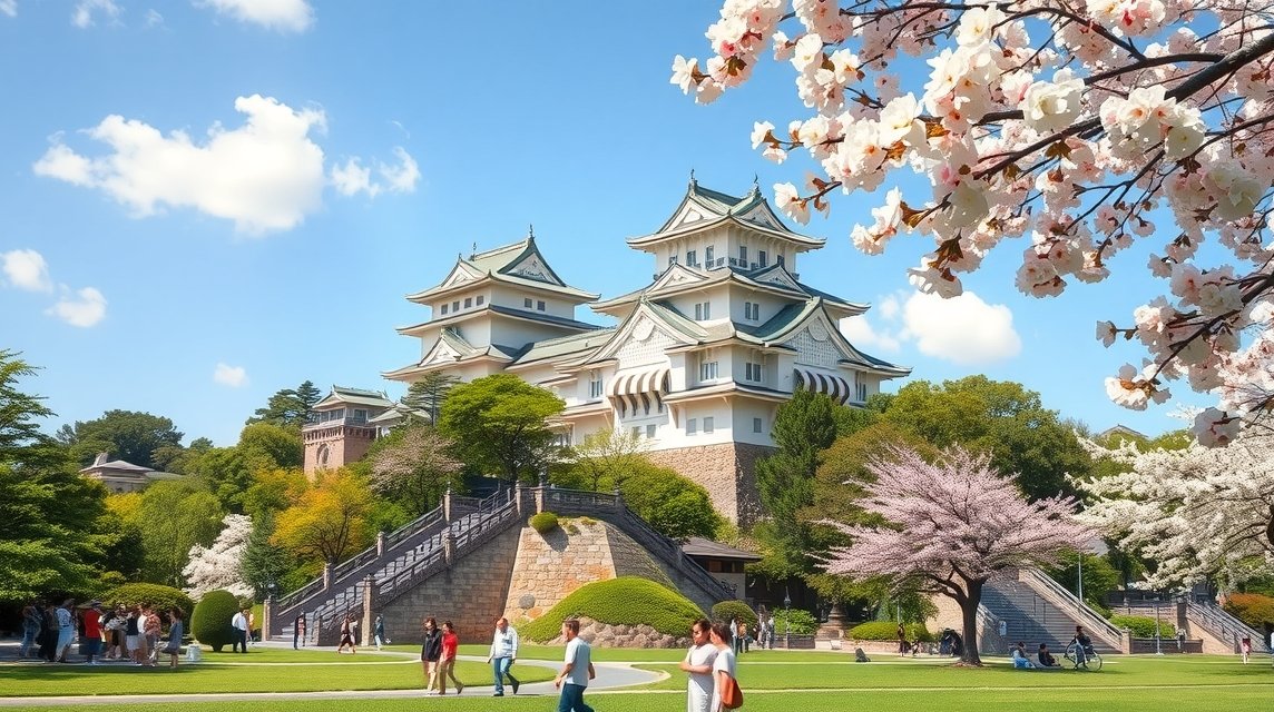 Oszakai várkastély a cseresznyevirágzás alatt, látogatók a parkban.