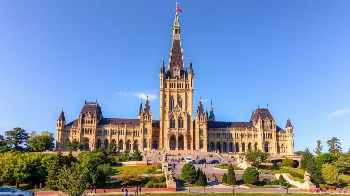 Ottawa Parlament épületegyüttese a dombon, gótikus tornyokkal