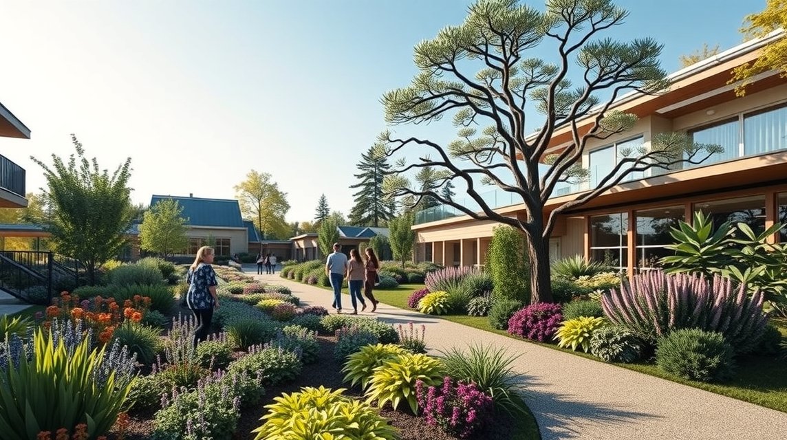 Ulm Botanikus Kert színes virágokkal és sétálókkal.