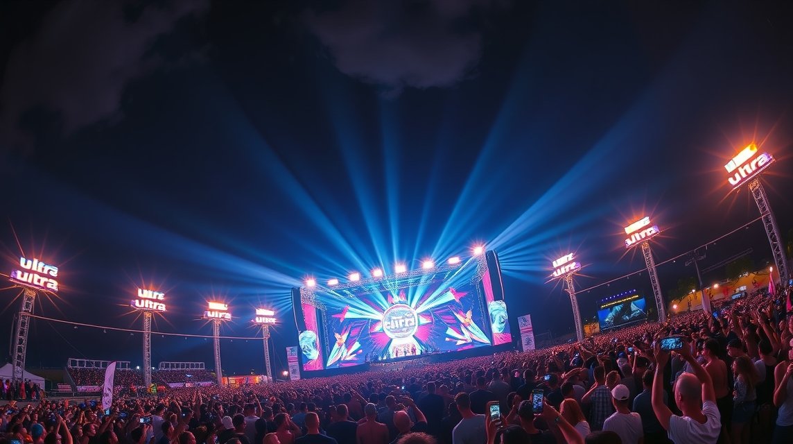 Ultra Europe fesztivál a tengerparton, energikus DJ teljesítmény