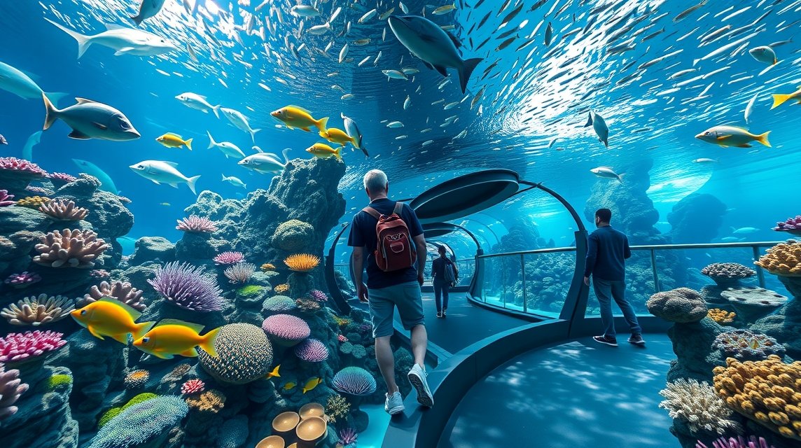 Látogatók az Underwater World Pattaya akváriumban, csodás tengeri élővilággal.