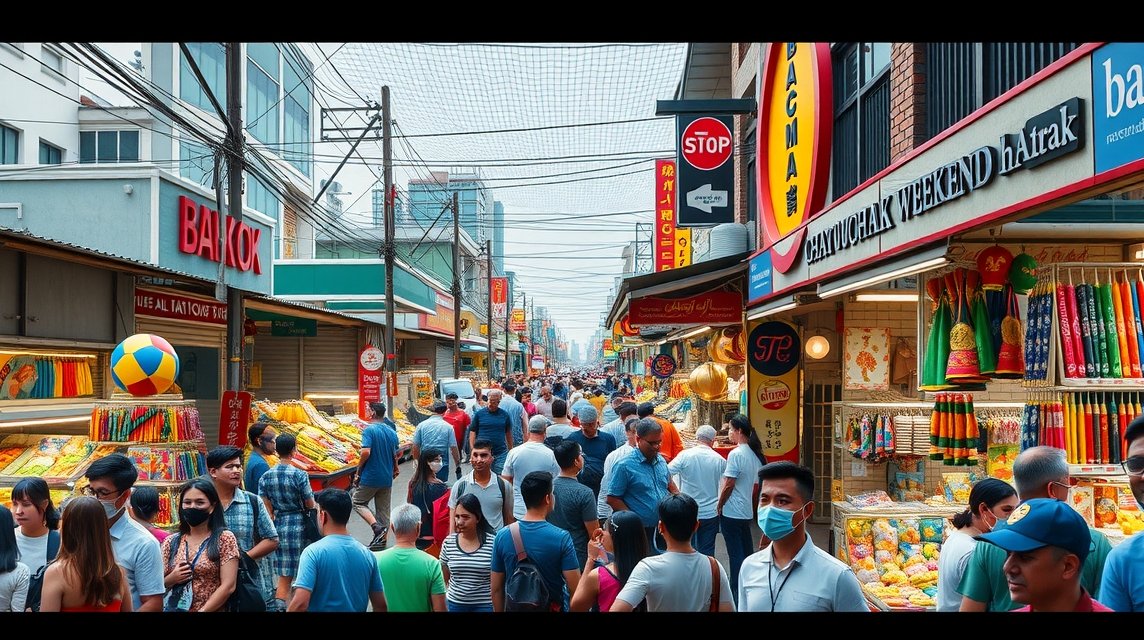 Bangkok látnivalók - A Chatuchak hétvégi piac forgataga 1 A Chatuchak hétvégi piac nyüzsgő forgataga Bangkokban.