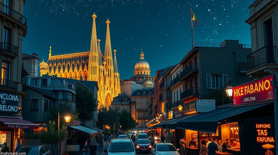 Barcelona este a La Sagrada Familia fényei alatt