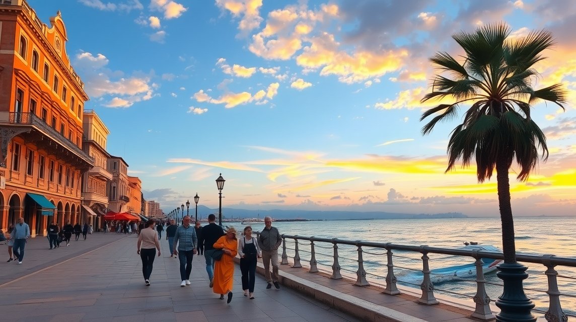 Séta a Lungomare Nazario Sauro sétányon Bariban naplementében
