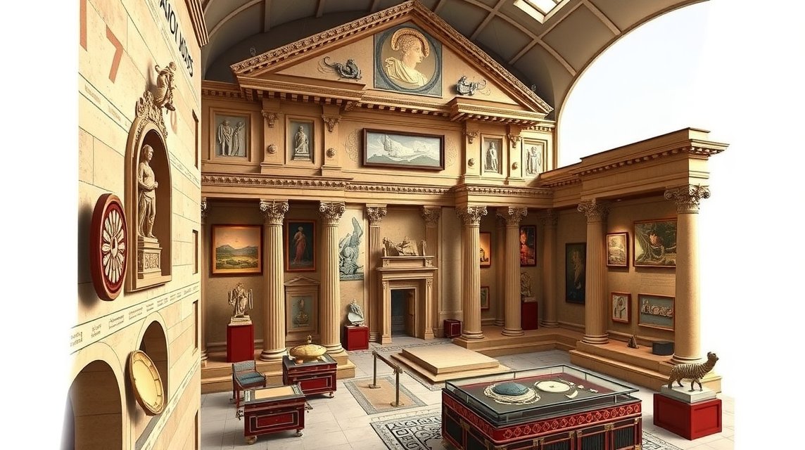 A Régészeti Múzeum belső tere, római művészet és történelmi kiállítások.