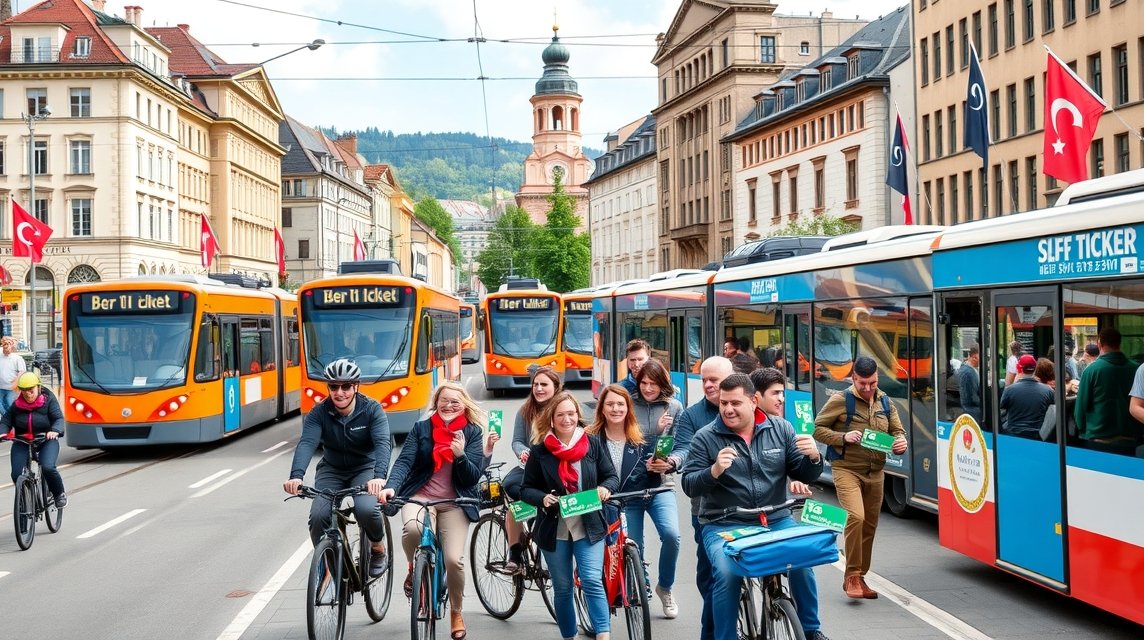 Két villamos és kerékpárosok Bern városának közlekedésében