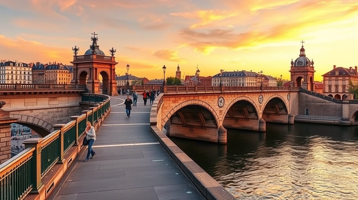 A Pont de Pierre kőhíd a Garonne folyó mentén Bordeaux-ban naplementében.