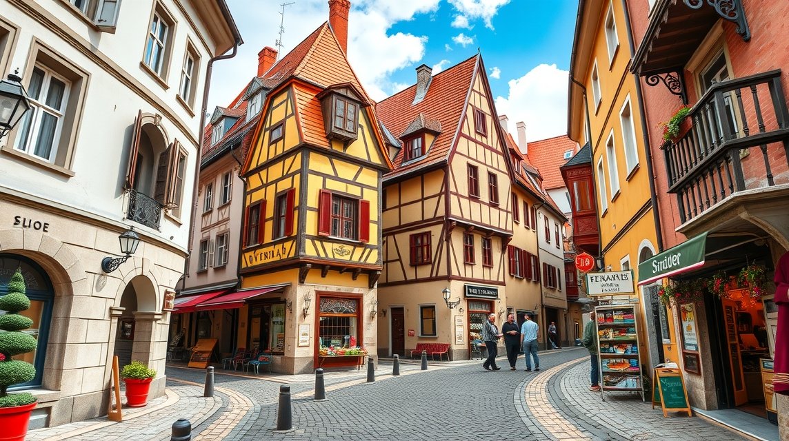 Bolgárszeg utcái Brassó városában, hangulatos régi házakkal.