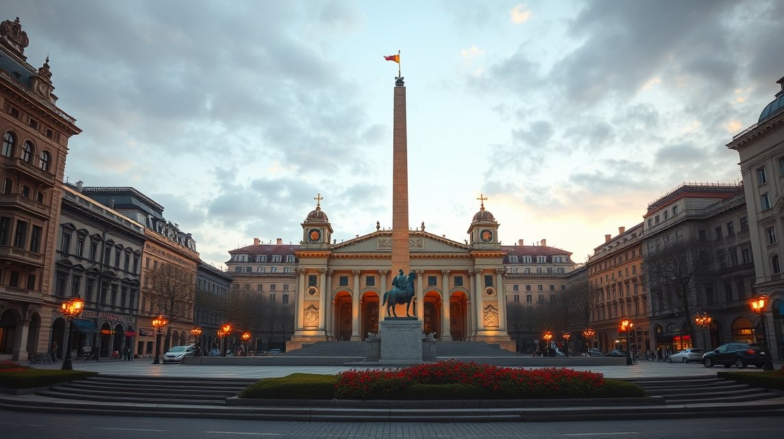 A Forradalom tere és az Újjászületés emlékműve Bukarestben.