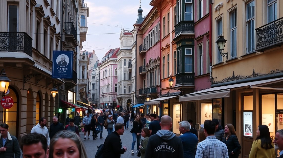 Bukarest, Lipscani óváros nyüzsgő utcája történelmi épületekkel